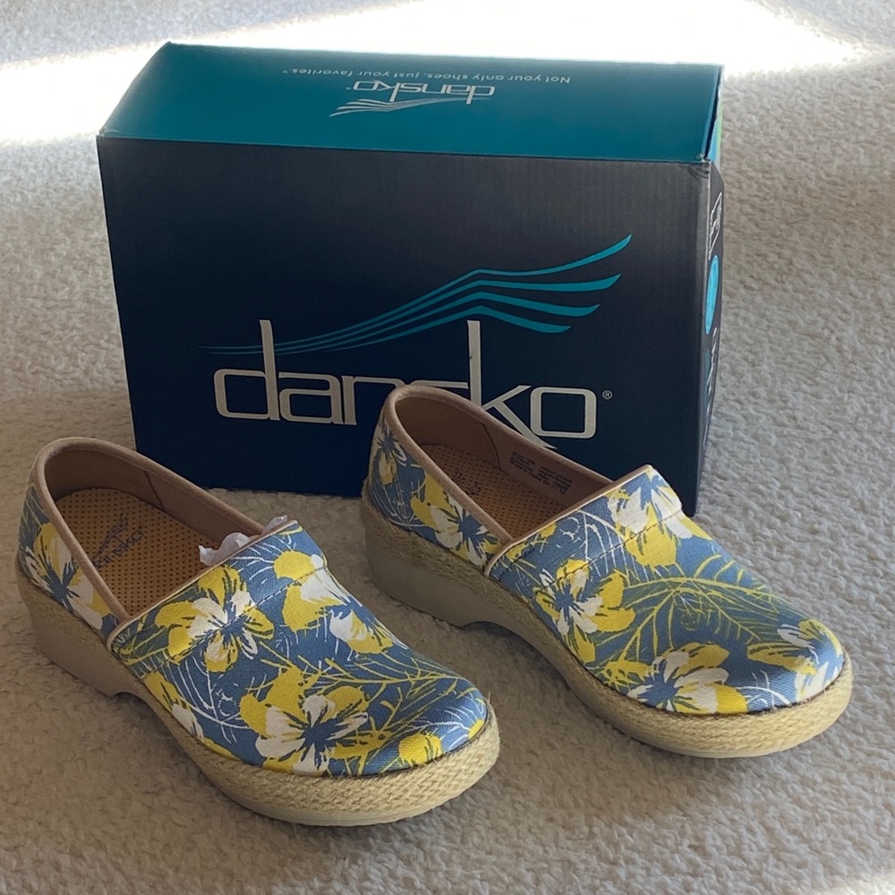 Dansko Blue and Yellow Floral Clogs 39 - Picture 2 of 16